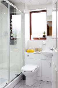 a white bathroom with a toilet and a shower at Bothwell Court Apartments in Dunfermline