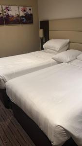 duas camas sentadas uma ao lado da outra num quarto em Perfect Stay Dubai em Dubai