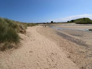 a sandy beach with people walking on it at Riverside Lodge in Alnmouth