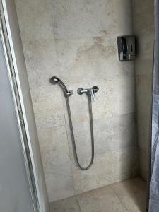 y baño con ducha y manguera. en Hostel Balkan express, en Zagreb
