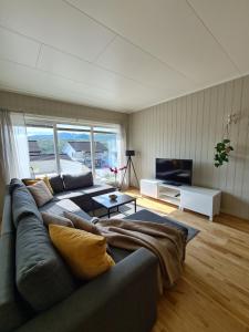 een woonkamer met een bank en een televisie bij Aurora apartment in Kvaloya Tromso in Tromsø
