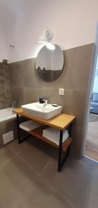 La salle de bains est pourvue d'un lavabo et d'un miroir. dans l'établissement The Pines Serviced Apartments, à Braşov