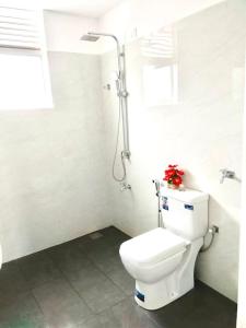 a white bathroom with a toilet and a shower at Millennium Elite in Opata