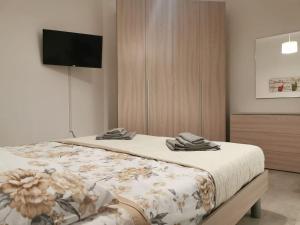 1 dormitorio con 1 cama y TV en la pared en Appartamento - La Bella Italia, en Canelli
