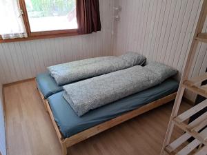 2 almohadas sentadas en una cama en una habitación en Studio indépendant en résidence avec extérieur, en Portalban- Dessous