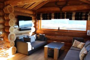a living room with a couch and a tv in a log cabin at Oxygene in Font-Romeu-Odeillo-Via