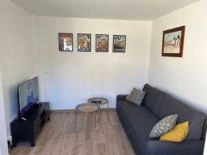 a living room with a couch and a tv at Villa proche centre Montpellier in Montpellier