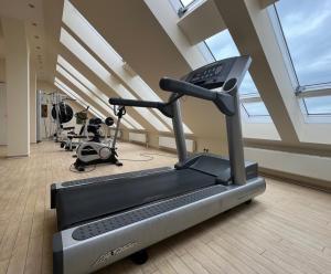 a gym with a treadmill and two exercise bikes at Vienna House by Wyndham Baltic Stralsund in Stralsund