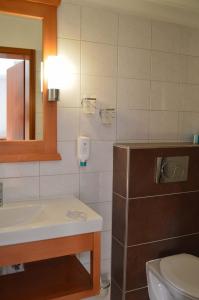 bagno con lavandino, specchio e servizi igienici di Hotel Silberfelsen a Menzenschwand