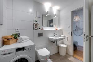a white bathroom with a washing machine and a sink at Seestern in Olpenitz