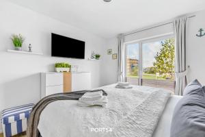 a white room with a bed and a tv at Captainslodge in Olpenitz