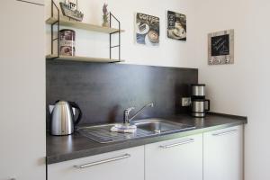 eine Küche mit einer Spüle und einer Arbeitsplatte in der Unterkunft Meeresmelodie in Olpenitz