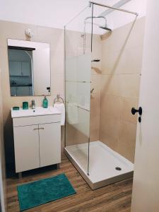 ein Bad mit einer Dusche, einem Waschbecken und einem Spiegel in der Unterkunft Aldeamento Praia dos Beijinhos in Porches