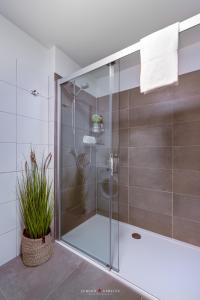 a shower with a glass door in a bathroom at Marinablick in Olpenitz