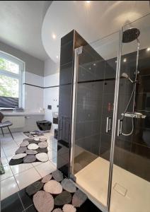 baño con ducha y puerta de cristal en Time2Lounge, en Osnabrück