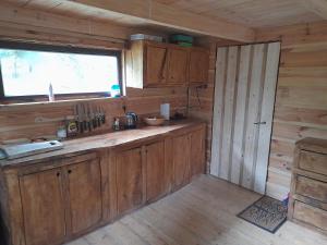 a kitchen with wooden cabinets and a window in a cabin at Glamping pod hradem in Česká Kamenice