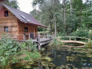 a wooden cabin with a bridge over a pond at Glamping pod hradem in Česká Kamenice