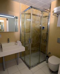een badkamer met een douche, een wastafel en een toilet bij Tempo Hotel 4Levent in Istanbul