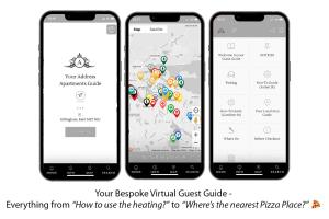 3 iPhone con schermata di una cartella virtuale per gli ospiti di Work Trips Refined a Gillingham