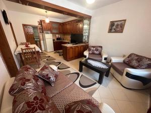 a living room with a couch and a kitchen at Guri Guest House in Pogradec