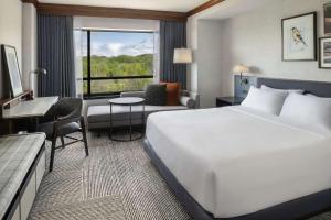 コーラルビルにあるHyatt Regency Coralvilleの大きなベッドとデスクが備わるホテルルームです。