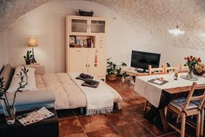 ein Wohnzimmer mit einem Sofa und einem Tisch in der Unterkunft Rustico con SPA Privata - Piscina - Sauna - Hammam - Free Wi-Fi & NETFLIX in Brossasco