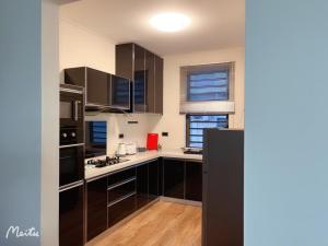 a kitchen with black cabinets and a black refrigerator at The See Apartments in Trou aux Biches