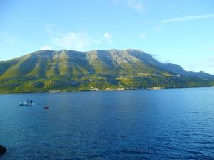 a boat in a large body of water with a mountain at Sunny Town in Korčula