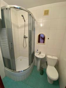 a bathroom with a shower and a toilet and a sink at Удеч in Zhidachov