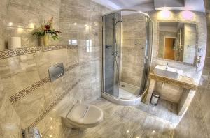 uma casa de banho com um chuveiro, um WC e um lavatório. em Hotel Atena em Słupsk