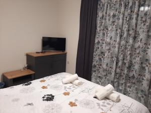 1 dormitorio con cama y vestidor con TV en Апартамент ДОРА, en Kazanlak