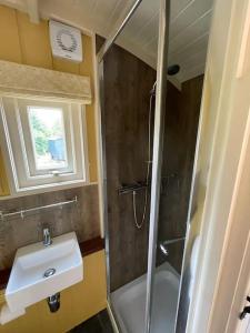 y baño pequeño con lavabo y ducha. en Bathsheba, Luxurious Shepherds Hut set in Todber a hamlet set in Thomas Hardy's iconic rural Dorset en Todber