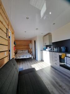 ein Wohnzimmer mit einem Sofa und einer Küche in der Unterkunft The Posh Bothy Spean Bridge in Roybridge