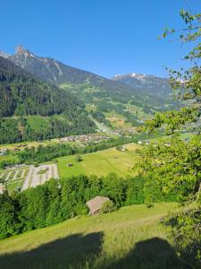 Alpenbauernhaus Konzett في شرونس: اطلاله على وادى اخضر به اشجار وبيوت