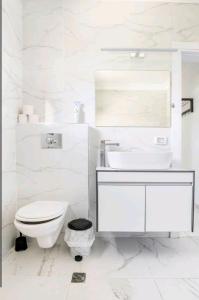 uma casa de banho branca com um WC e um lavatório em אחוזת מלכי ישראל לשומרי שבת וכשרות em H̱osen