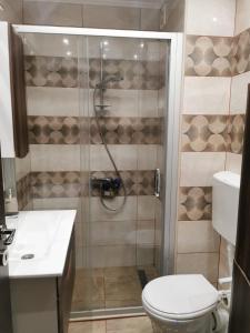 y baño con ducha, aseo y lavamanos. en Apartman Cipi2, en Sombor