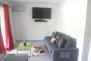 a living room with a couch and a flat screen tv at Appartement d'une chambre avec balcon amenage et wifi a Le Gosier a 1 km de la plage in Le Gosier