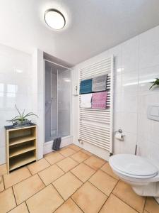 een witte badkamer met een toilet en een douche bij Ferienwohnungen Fischer in Fischen