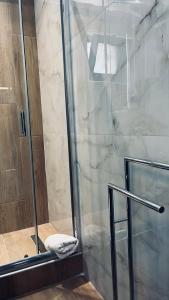 een badkamer met een douche en een glazen deur bij Thelxis Room in Nydri