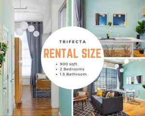 eine Collage mit Bildern eines Zimmers mit Mietgesicht in der Unterkunft 2BR Hip Downtown Apt + Apple TV + Wifi + Gym in Durham