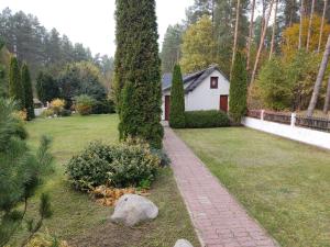 einen Garten mit einem Haus und einem Backsteinpfad in der Unterkunft Domek z ogrodem in Mątki