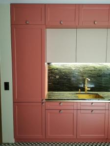 - une armoire rouge avec évier dans la cuisine dans l'établissement Rudy Kot, à Gdańsk