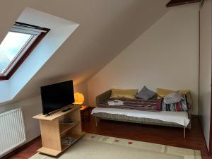 uma sala de estar com uma cama e uma televisão em Solar Apartman em Vonyarcvashegy