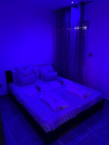 um quarto com uma cama com luzes azuis em Maison avec jacuzzi em Orange
