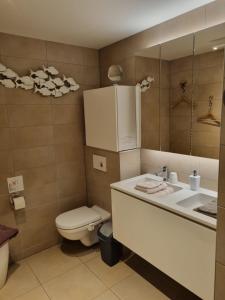 La salle de bains est pourvue de toilettes, d'un lavabo et d'un miroir. dans l'établissement Romantic room in brussels sky, à Bruxelles