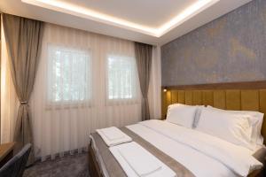 Hotel M Star Novi Pazar في نوفي بازار: غرفة نوم بسرير كبير ونافذة