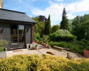 un jardín con un perro sentado en el patio en The Tiny House en Shootend