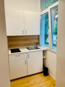 a kitchen with white cabinets and a sink and two windows at Studio Apartment Dandelion in Bratislava