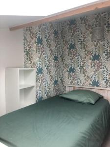 een slaapkamer met een bed met een groen kussen bij Appartement cosy proche du Puy De Dôme in Saint-Genès-Champanelle