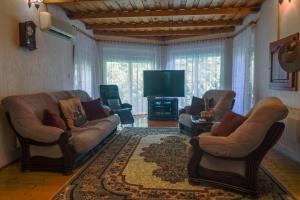ein Wohnzimmer mit Sofas und einem Flachbild-TV in der Unterkunft Kis Tisza fishing guest house in Tiszaug